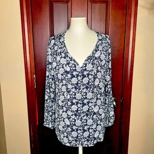 LOFT Navy blue and white floral peasant blouse